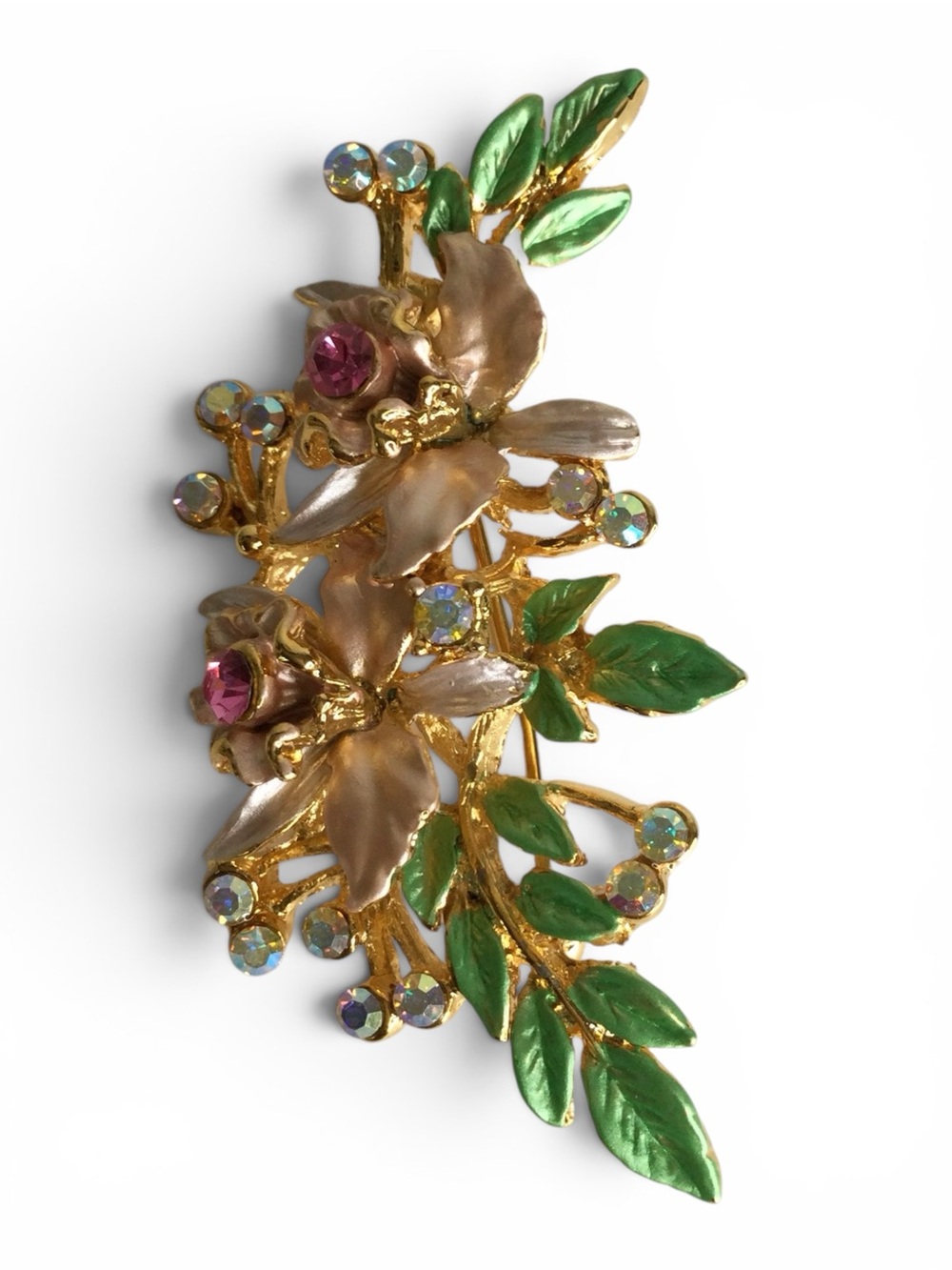 Estate Vtg 1960s Gold‑Tone Enamel Floral Spray Brooch with Pink & AB Rhinestones - Picture 10 of 13